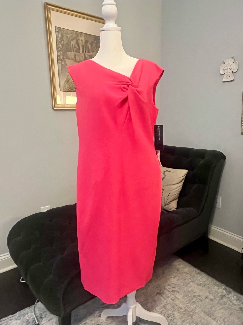 Jones New York Asymmetrical Neckline Twist Sheath Dress in Hot Pink